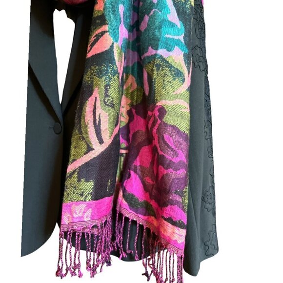 Large Black & Vibrant Jewel Toned Wrap Scarf Floral Patterned with Fringe - Picture 7 of 10